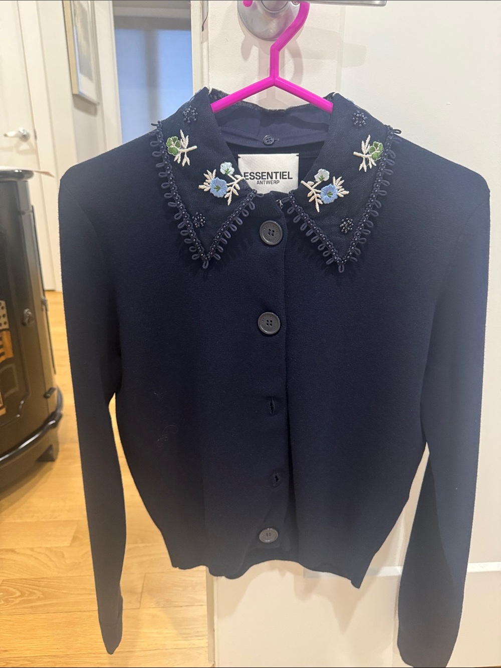 Essentiel Antwerp Navy Embroidered Collar Cardigan